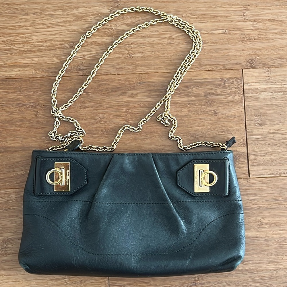 Salvatore Ferragamo black leather & gold chain clutch shoulder bag. Authentic.